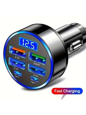 6 Portlu Hızlı Araç Şarj Cihazı – 4 USB + 2 Type-C Çıkışlı Dijital Göstergeli Oto Şarjı