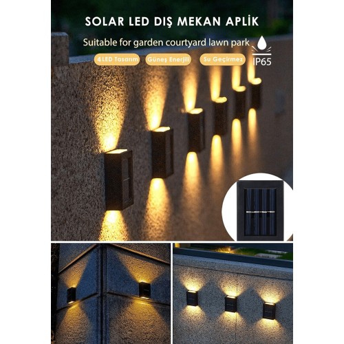 4 Ledli Solar Çift Taraflı Duvar Lambası Güneş Enerjili Aydınlatma Dekorasyon Aplik Işık