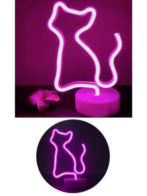 Pembe Kedi Model Neon Led Işıklı Masa Lambası Dekoratif Aydınlatma Gece Lambası