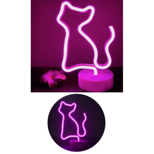 Pembe Kedi Model Neon Led Işıklı Masa Lambası Dekoratif Aydınlatma Gece Lambası